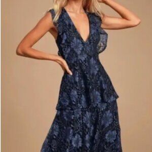 Molinetto Navy Blue Lace Ruffled Tiered Sleeveless Maxi Dress - Women's XS